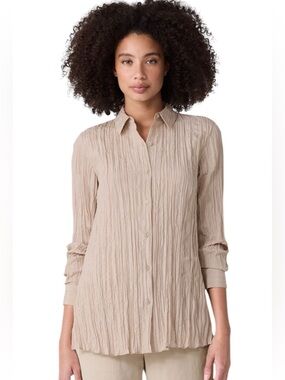 Eileen Fisher Crinkle Silk Habutai Classic Collar Shirt Sz XL Wheat NWT